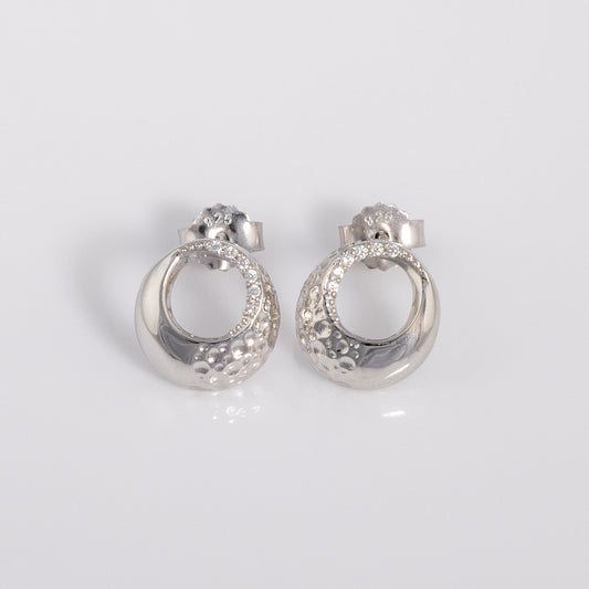 Rhodium plated silver Circle Stud Earrings with White Cubic Zirconia and a textured finish. An elegant, dressy pair of earrings with a butterfly back. Suitable for sensitive ears, nickle free