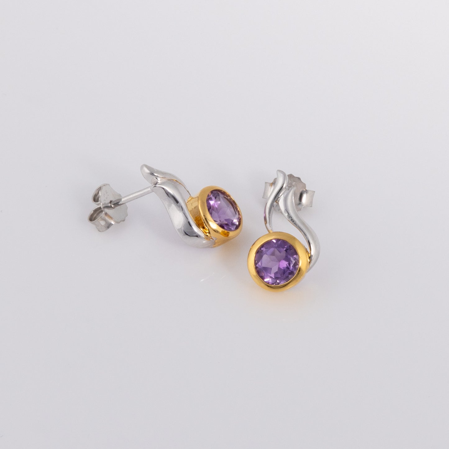 Silver Rhodium and Gold Vermeil Stud Earrings with Sparkly Amethyst