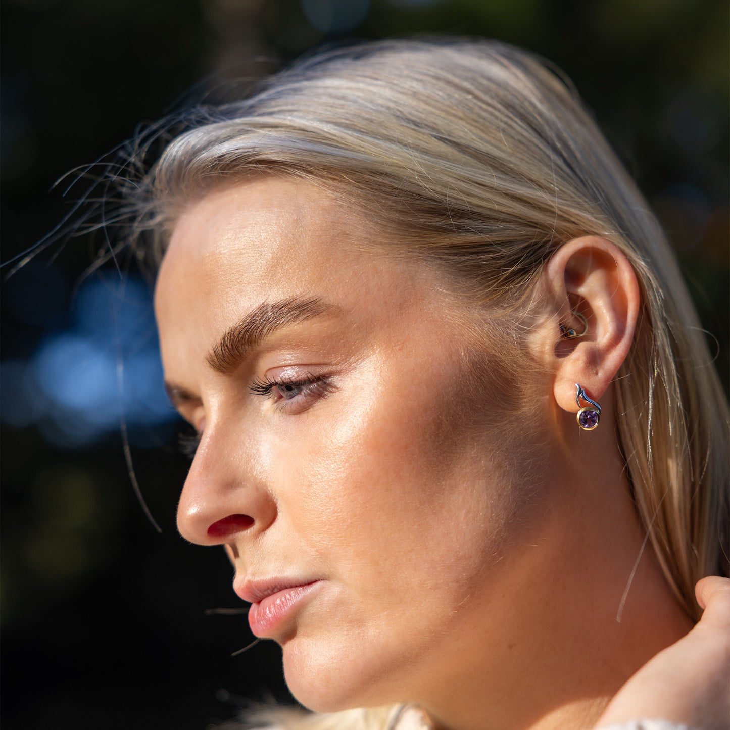 Silver Rhodium and Gold Vermeil Stud Earrings with Sparkly Amethyst