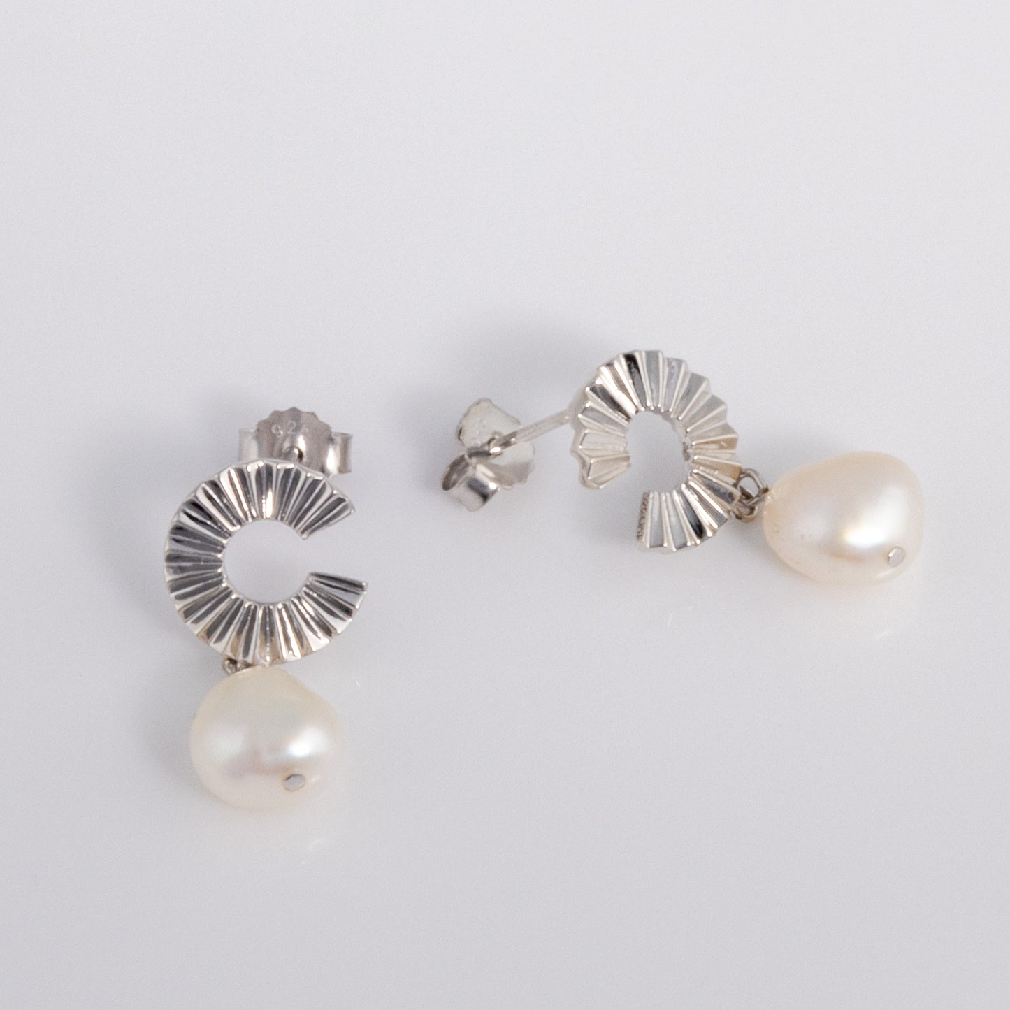 Silver Rhodium Stud Earrings with Freshwater Pearl Dangling