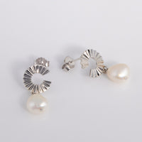 Silver Rhodium Stud Earrings with Freshwater Pearl Dangling