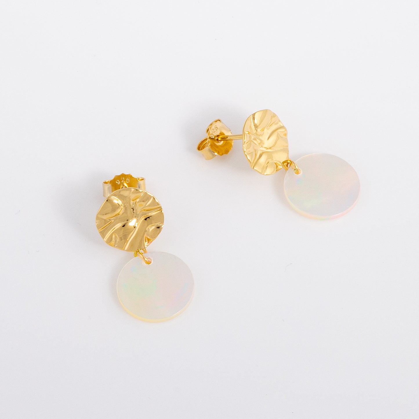 Molten textured Gold Vermeil Stud Earrings with a disc of Mother of Pearl Dangling.