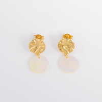 Stunning molten Textured Gold Vermeil Stud Earrings with Mother of Pearl Dangling. The earrings have a butterfly back and are hypoallergenic and tarnish resistant.