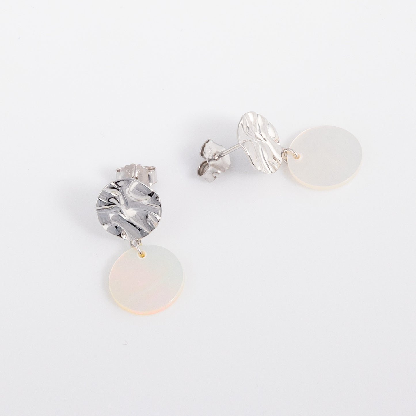 Textured Silver Rhodium Stud Earrings with Mother of Pearl Dangling. Comfortable and lightweight, nickle free earrings for all skin types. Butterfly back studs