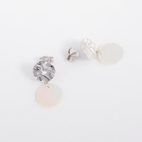Textured Silver Rhodium Stud Earrings with Mother of Pearl Dangling. Comfortable and lightweight, nickle free earrings for all skin types. Butterfly back studs