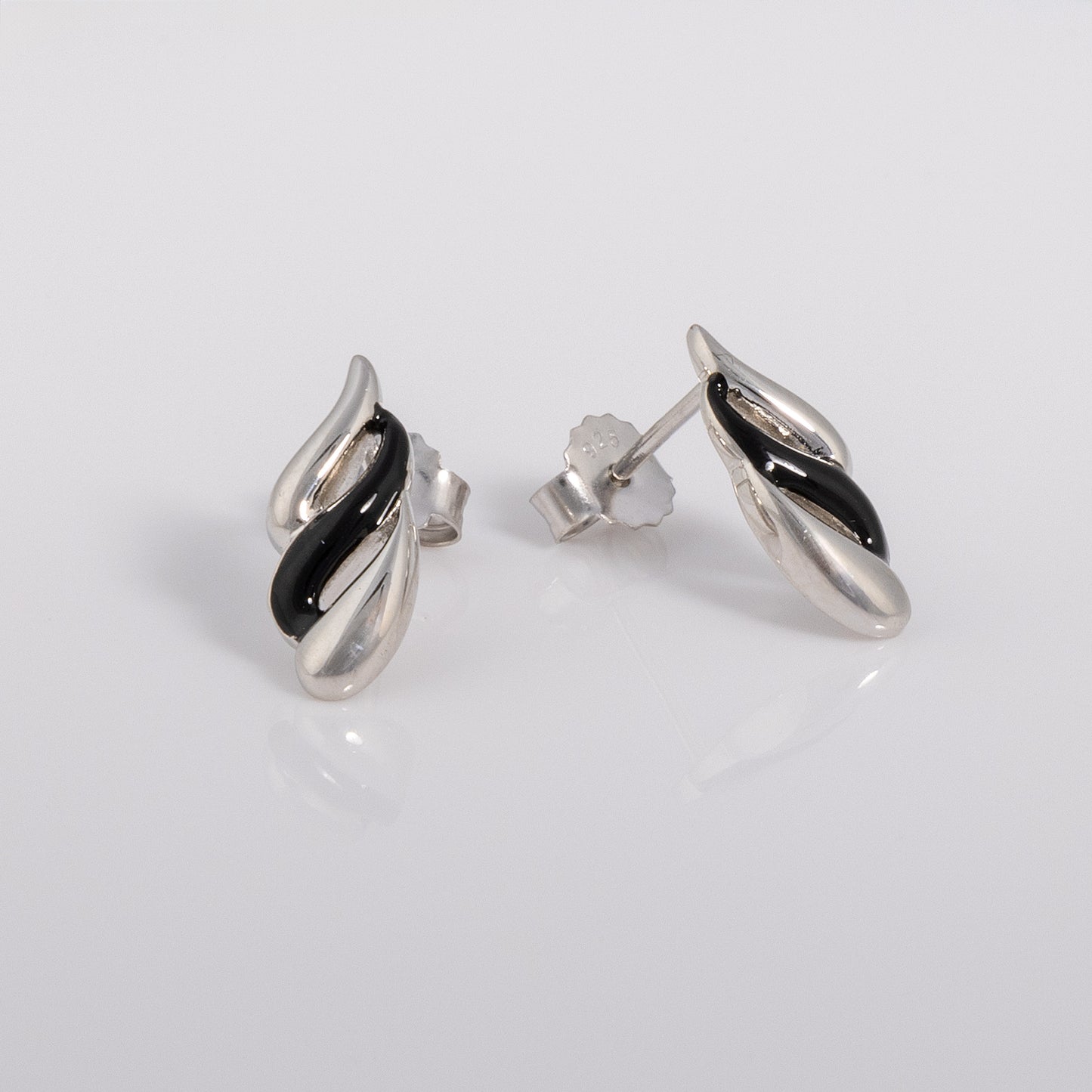 Silver Rhodium and Black Enamel Earrings with Wave Design