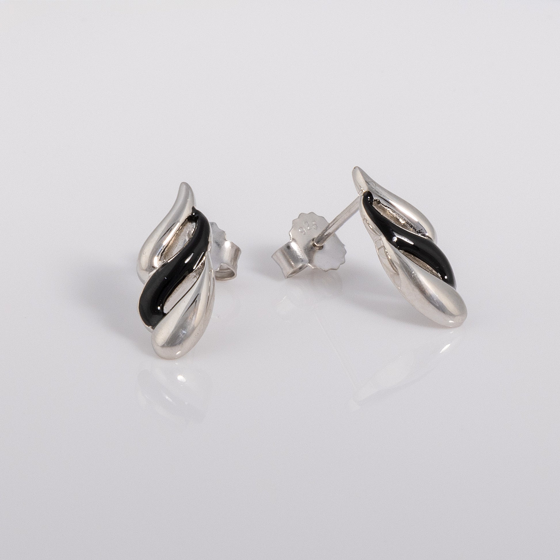 Silver Rhodium and Black Enamel Earrings with Wave Design