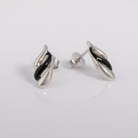 Silver Rhodium and Black Enamel Earrings with Wave Design