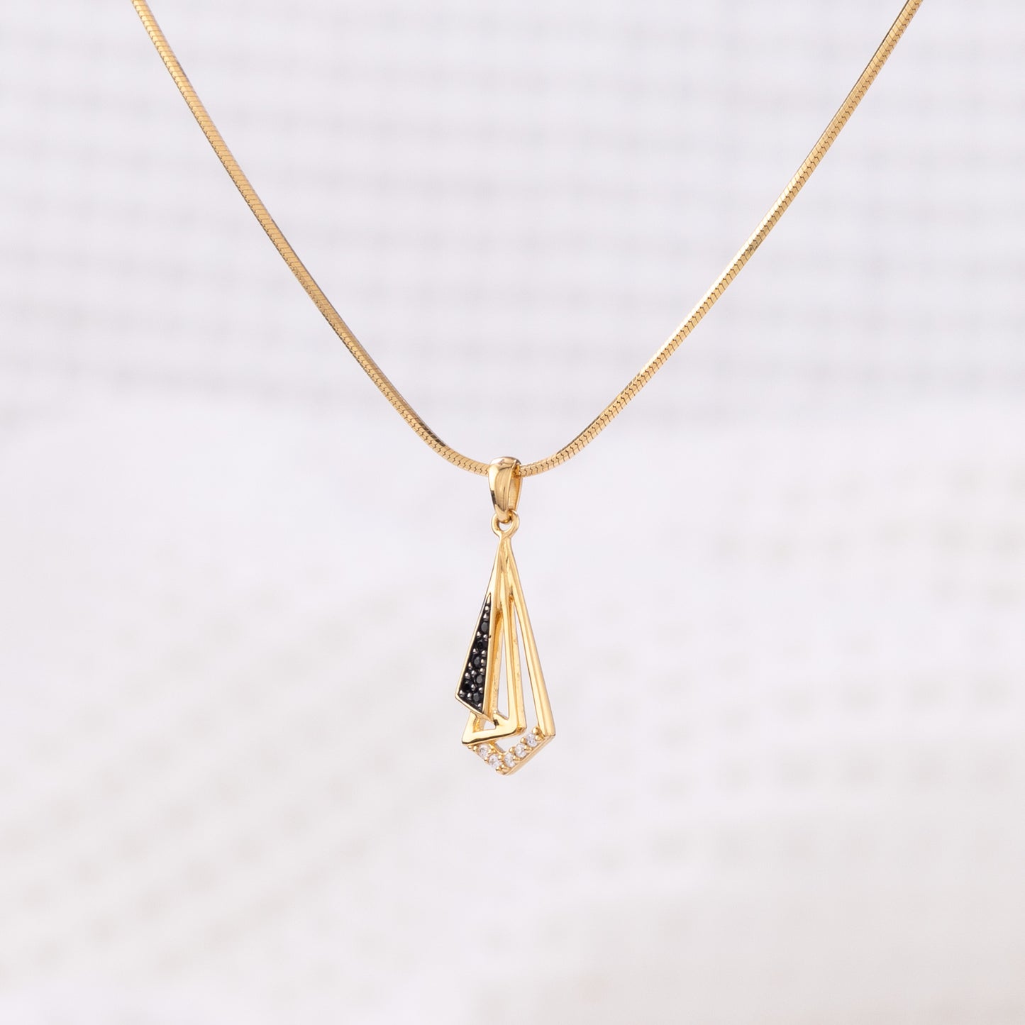 Classy Pendant Necklace with White Cubic Zirconia and Black Crystals, Black Rhodium Plating and Gold Vermeil
