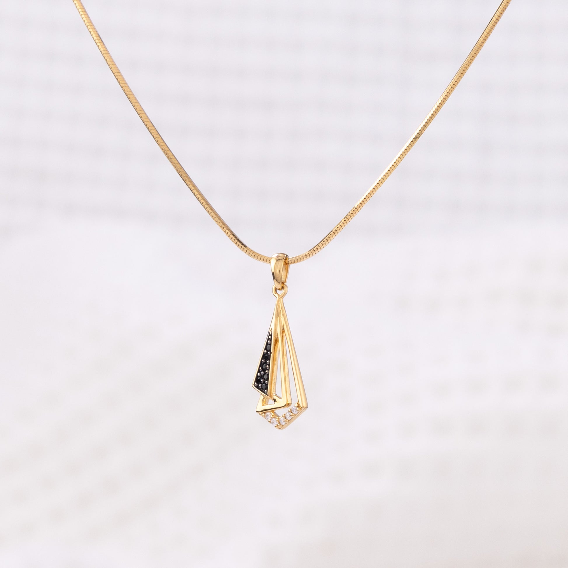 Classy Pendant Necklace with White Cubic Zirconia and Black Crystals, Black Rhodium Plating and Gold Vermeil