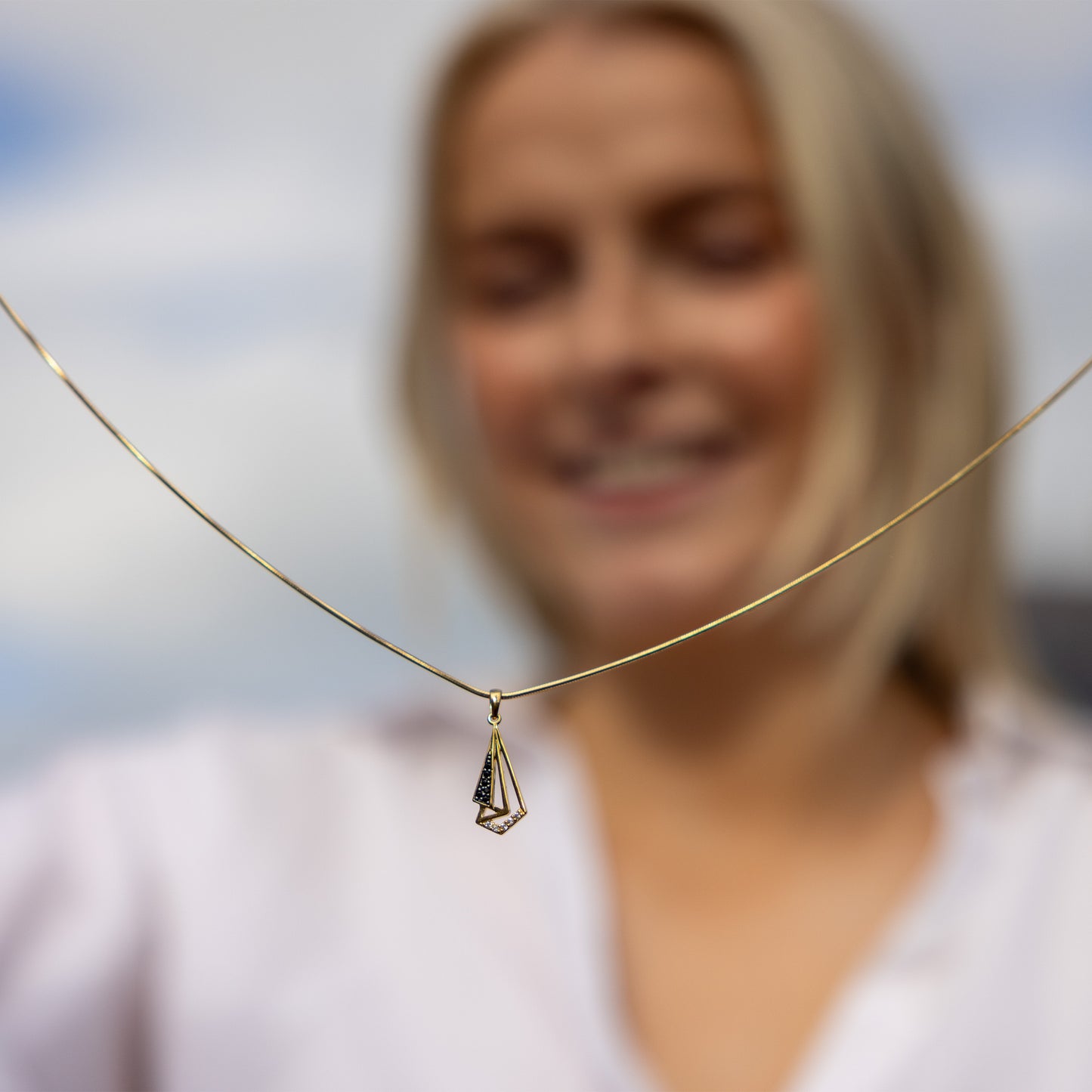 Classy Pendant Necklace with White Cubic Zirconia and Black Crystals, Black Rhodium Plating and Gold Vermeil