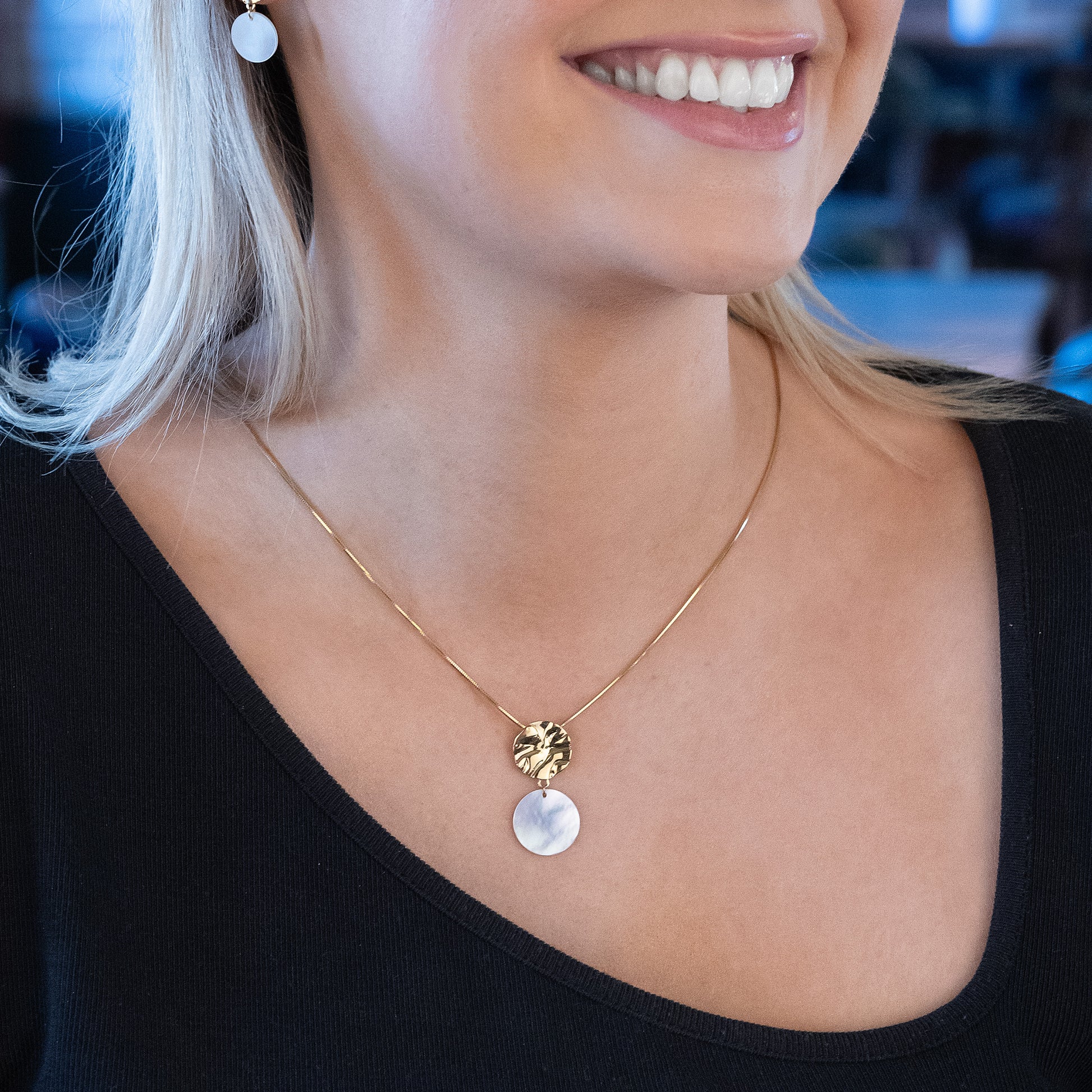 Molten Textured Gold Vermeil Pendant Necklace with a Mother of Pearl disc detail Dangling. The chain is a snake chain with a lobster clasp.