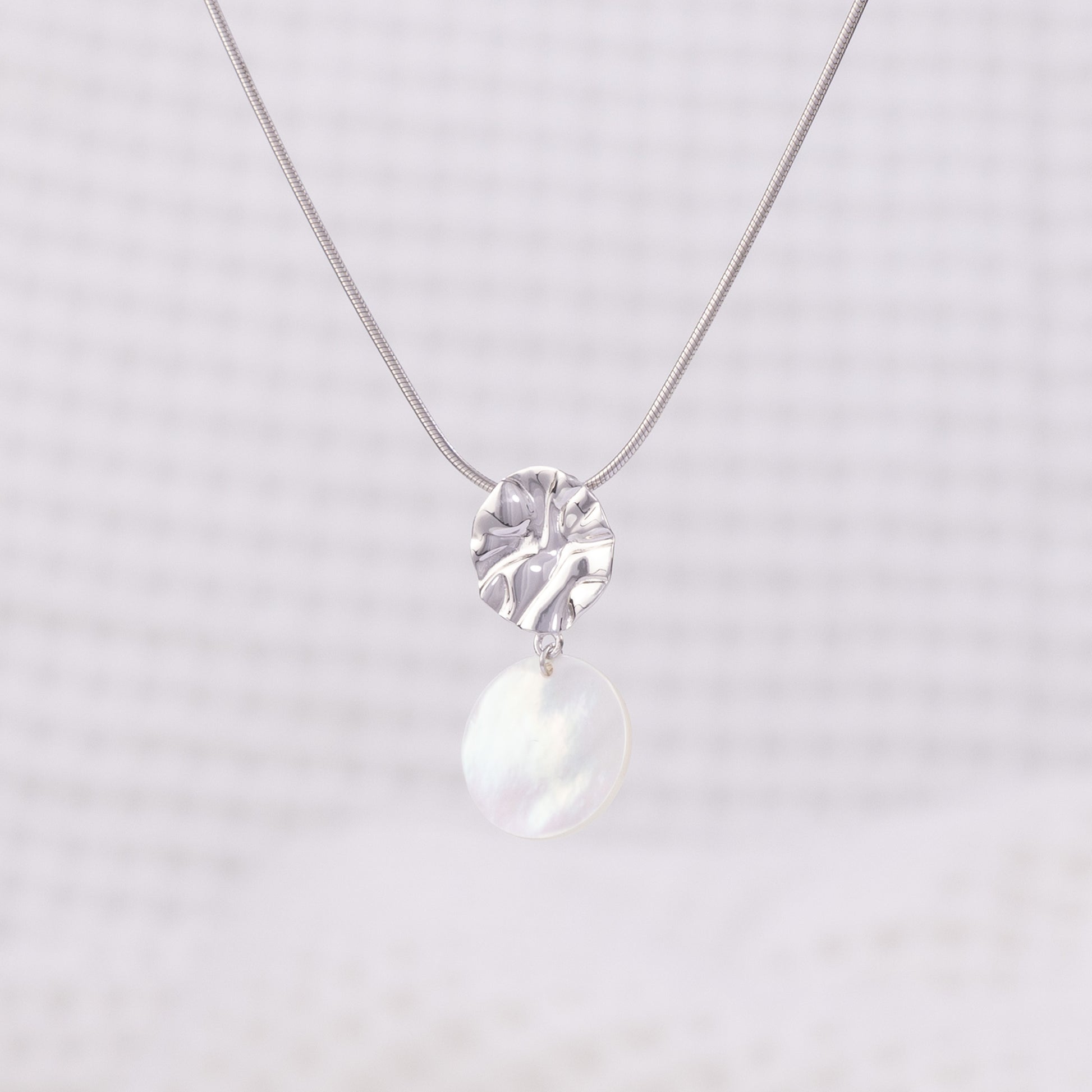 Textured Silver Rhodium Pendant Necklace with Mother of Pearl Dangling
