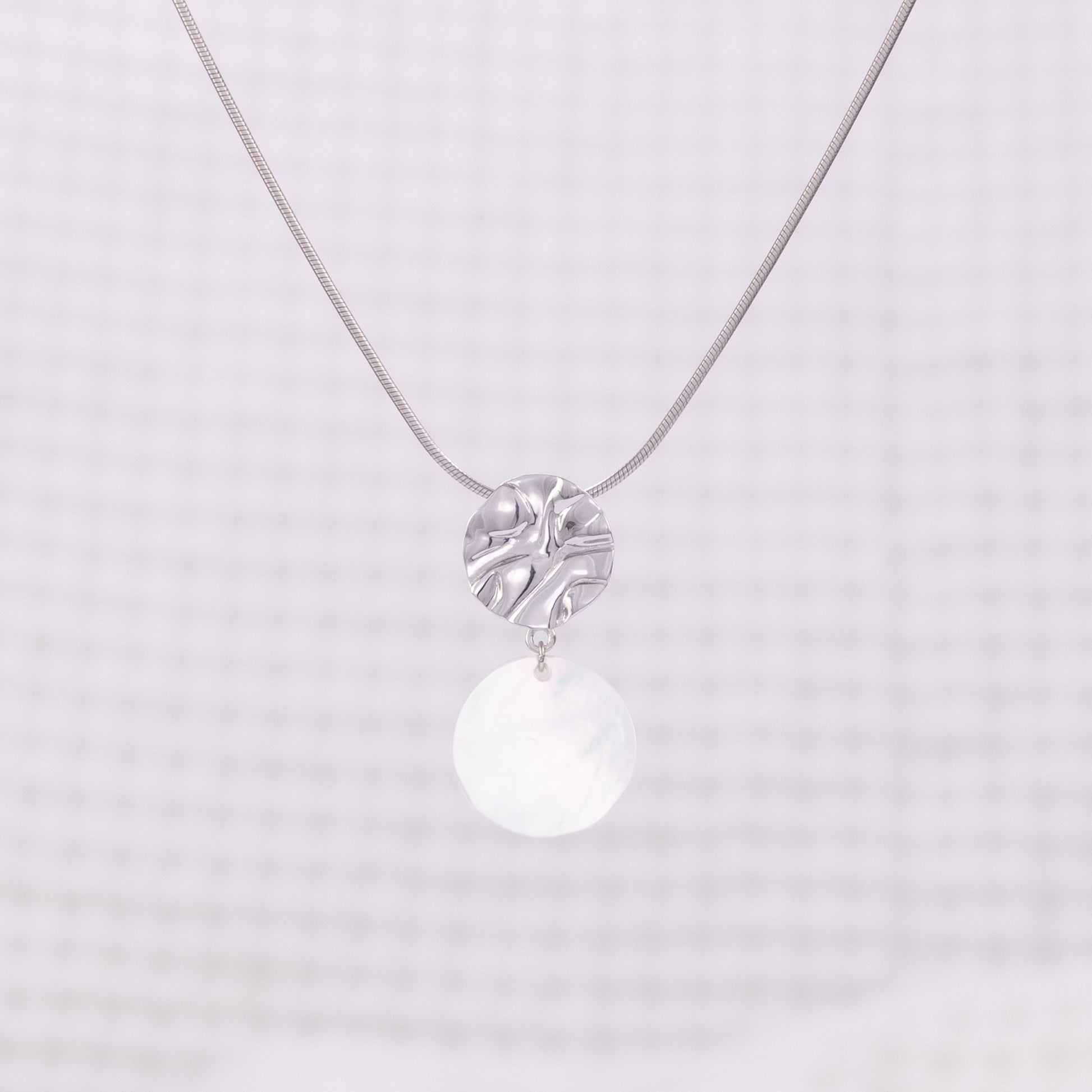 Textured Silver Rhodium Pendant Necklace with Mother of Pearl Dangling