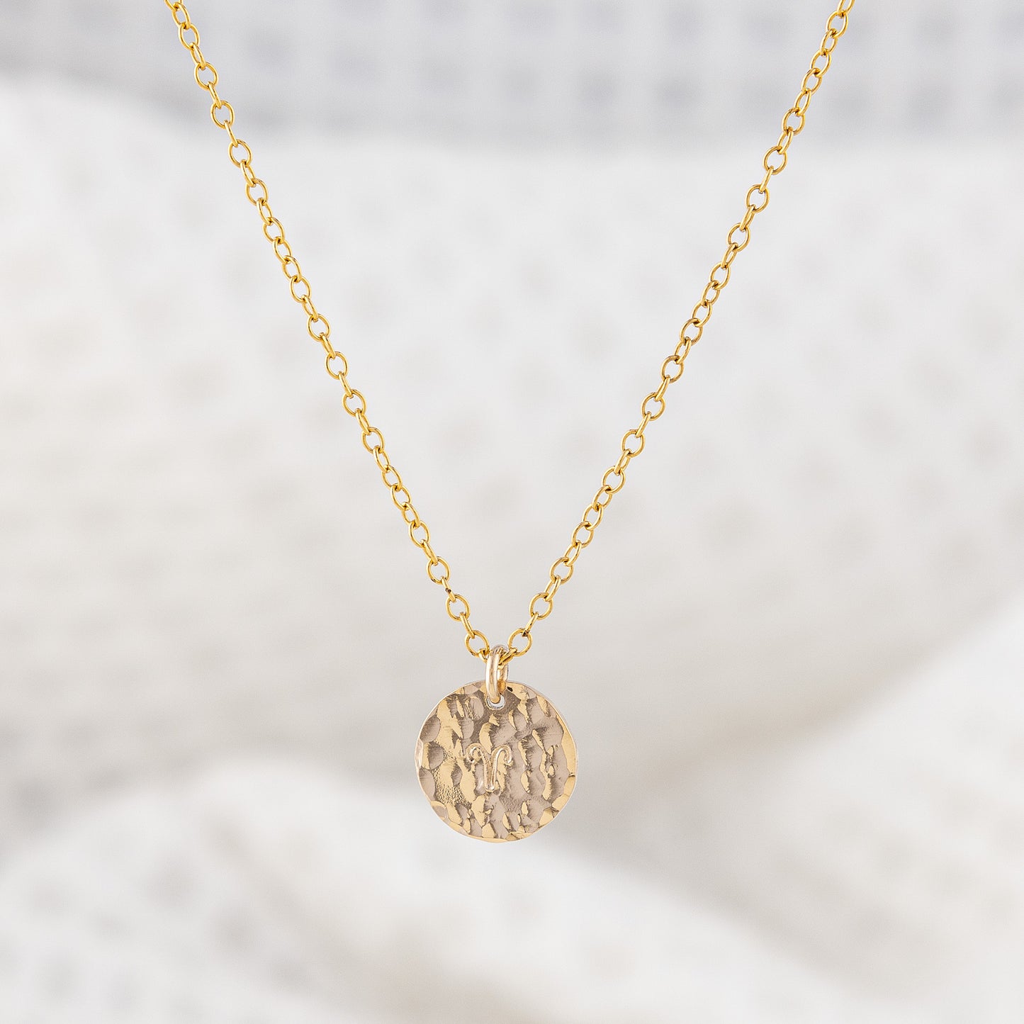 Astrology disc pendant necklace in 14 carrot gold fill. The disc is a hammered texture, personalised with a star sign hand stamped in the center. The chain is fine and an adjustable lenght.