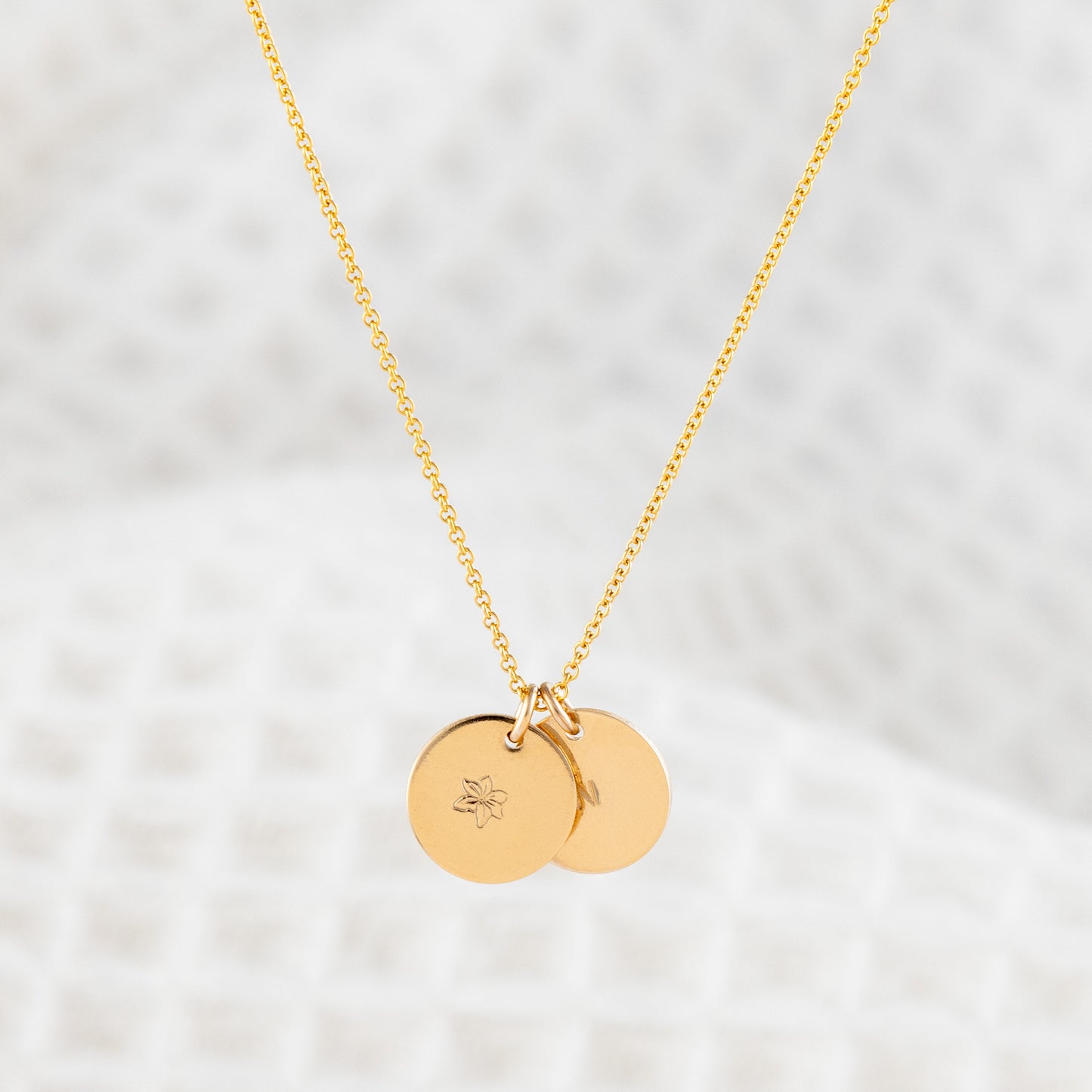 Personalised 14ct gold-fill dual disc pendant necklace. The necklace has two personalised discs in a smooth finish. One disc is stamped with a birthflower and the other is stamped with an initial. The chain is dainty, fien and an adjustable lenght.