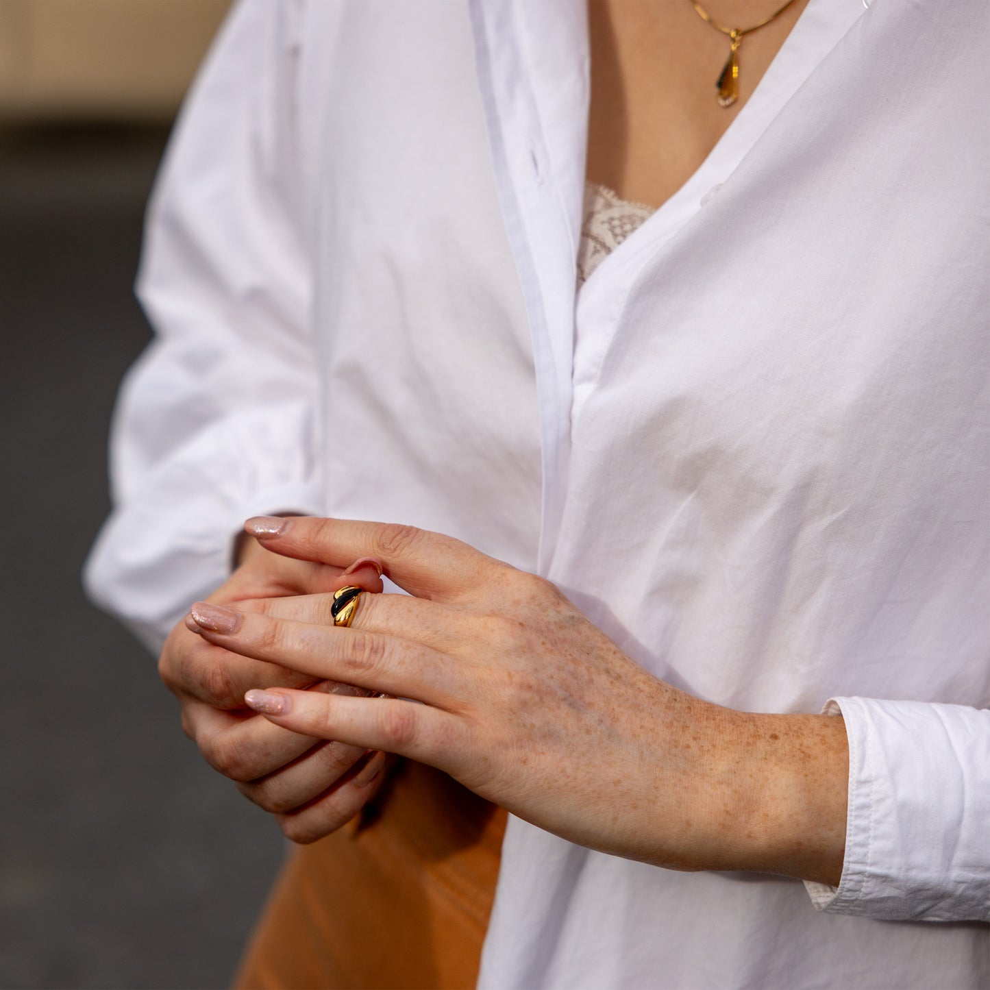 Gold Vermeil and Black Enamel Ring with Wave Design