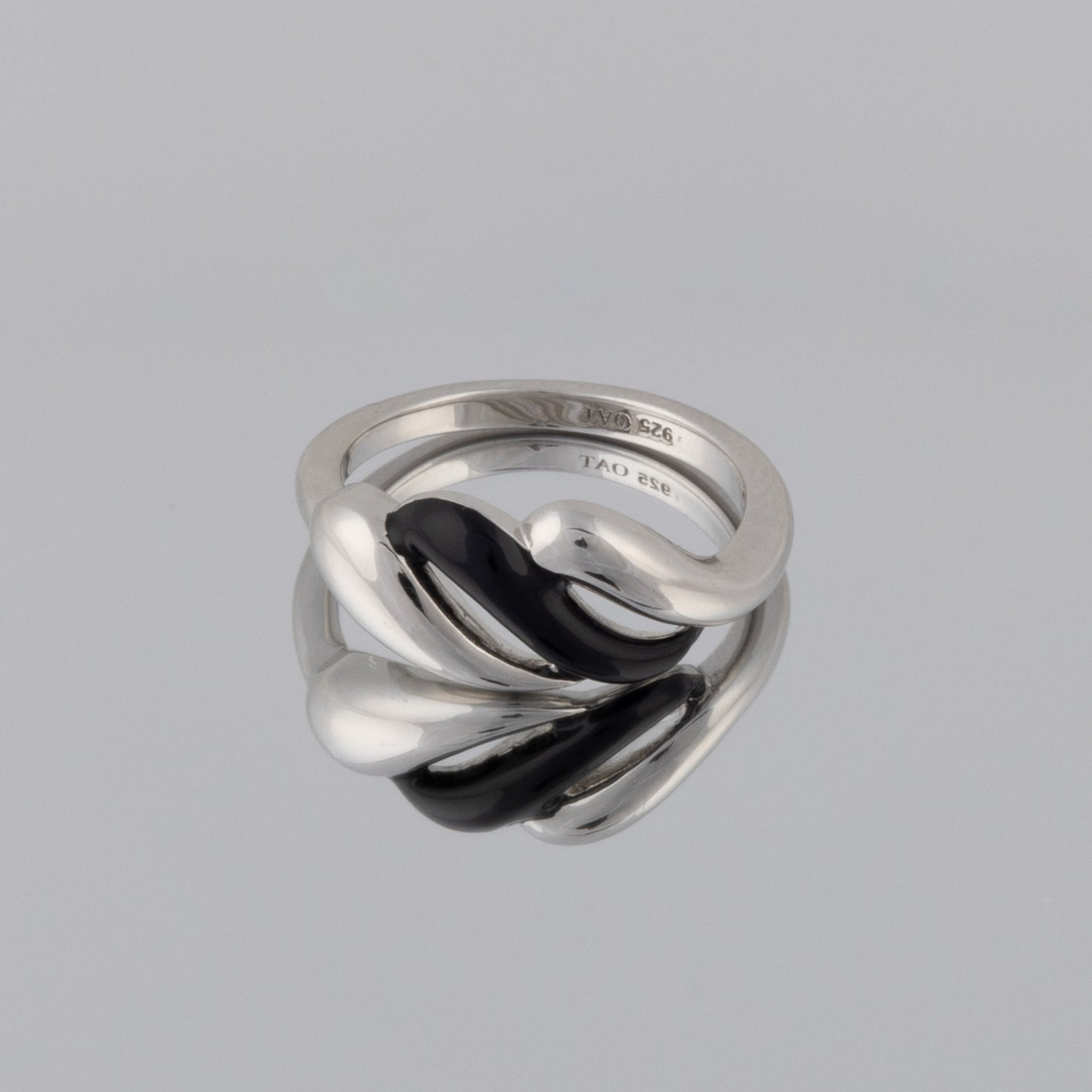 Silver Rhodium and Black Enamel Ring with Wave Design