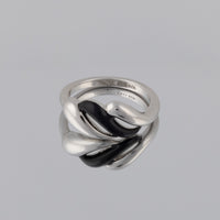 Silver Rhodium and Black Enamel Ring with Wave Design