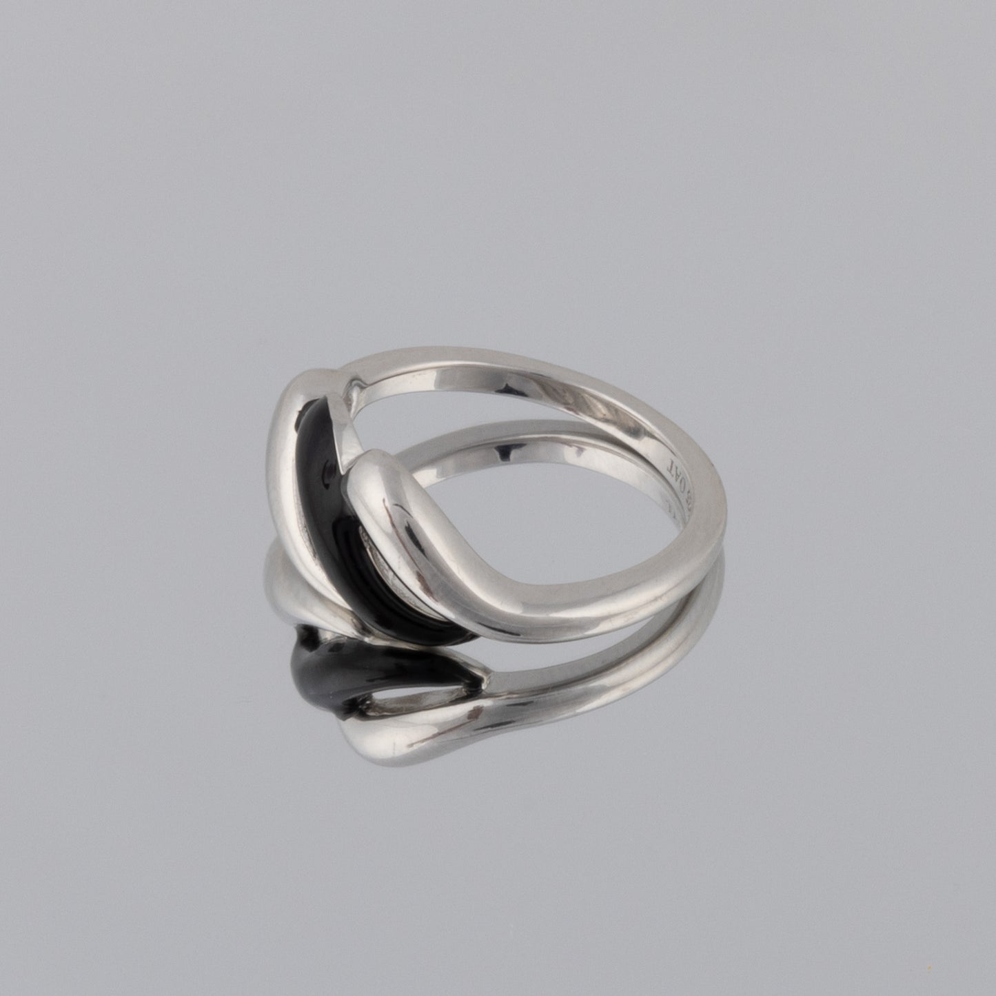 Silver Rhodium and Black Enamel Ring with Wave Design