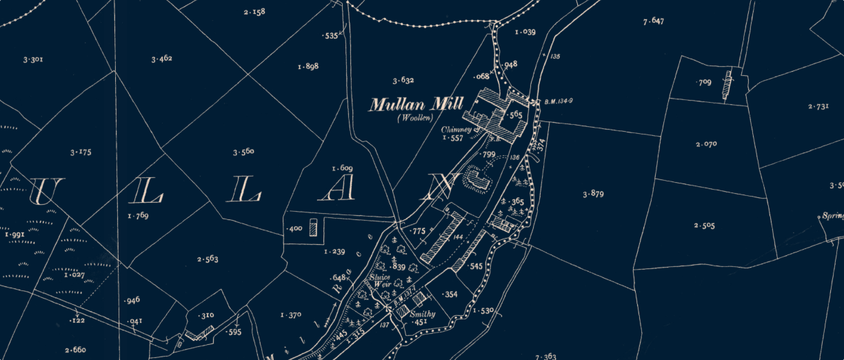 1907 OSI map of Mullan Village, Co. Monaghan, Ireland.