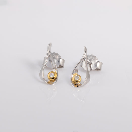 Stud Earrings with Free Flowing Shape, Plated in Silver Rhodium and Gold Vermeil with Diamond