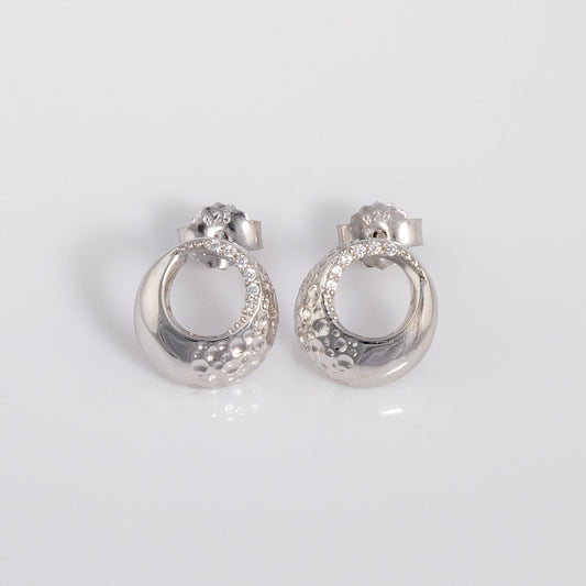Silver Rhodium Circle Stud Earrings with White Cubic Zirconia