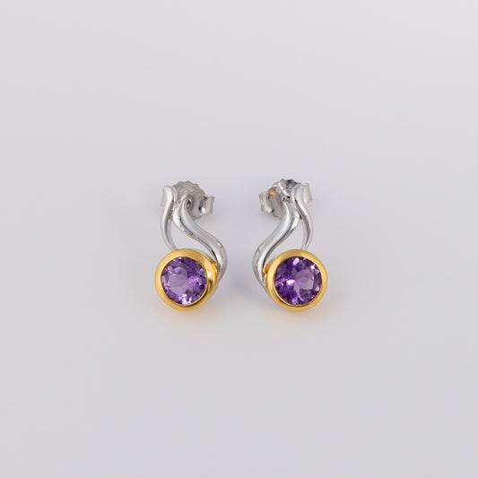 Silver Rhodium and Gold Vermeil Stud Earrings with Sparkly Amethyst