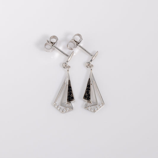 Classy Dangle Earrings with White Cubic Zirconia and Black Crystals, Black and Silver Rhodium Plating