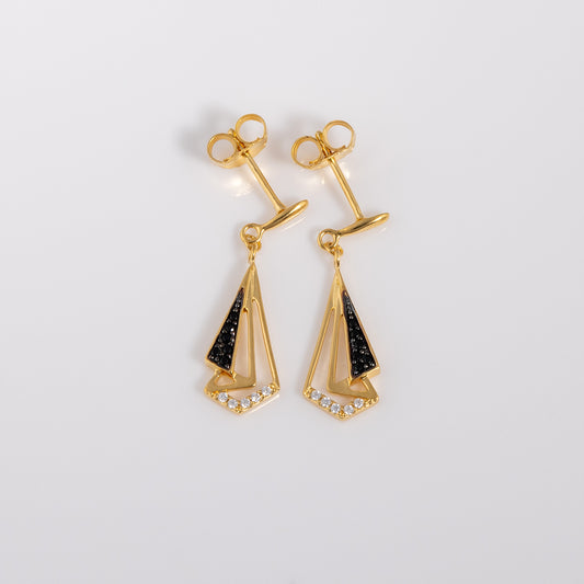 Classy Dangle Earrings with White Cubic Zirconia and Black Crystals, Black Rhodium Plating and Gold Vermeil