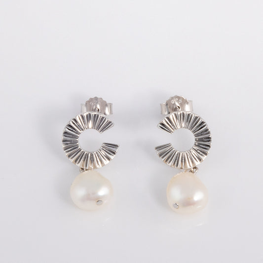 Silver Rhodium Stud Earrings with Freshwater Pearl Dangling