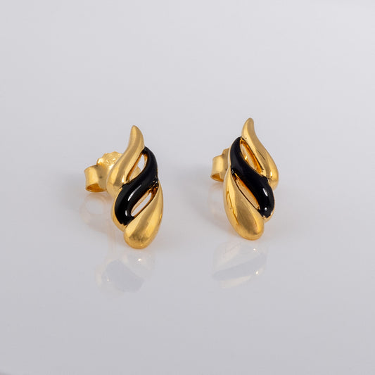 Gold Vermeil and Black Enamel Earrings with Wave Design