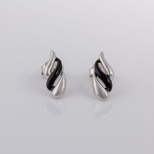 Silver Rhodium and Black Enamel Earrings with Wave Design