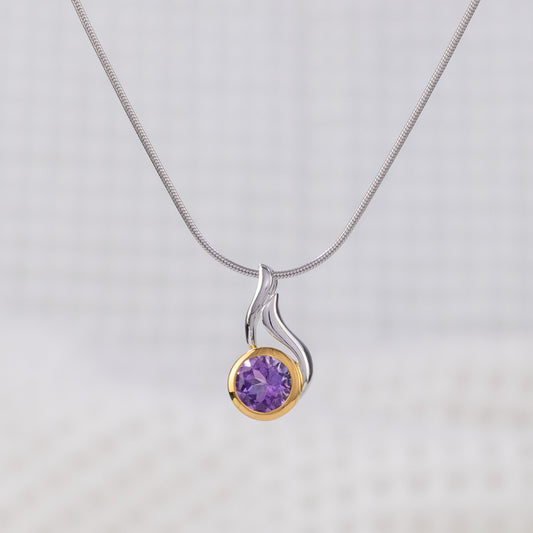 Silver Rhodium and Gold Vermeil Pendant Necklace with Sparkly Amethyst