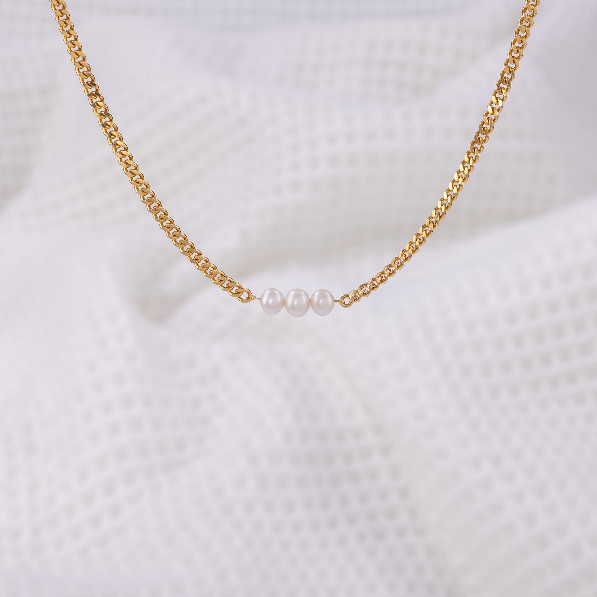 Gold Vermeil curb chain Necklace with three Freshwater Pearls making the centre piece. Hypoallergenic and tarnish resistant