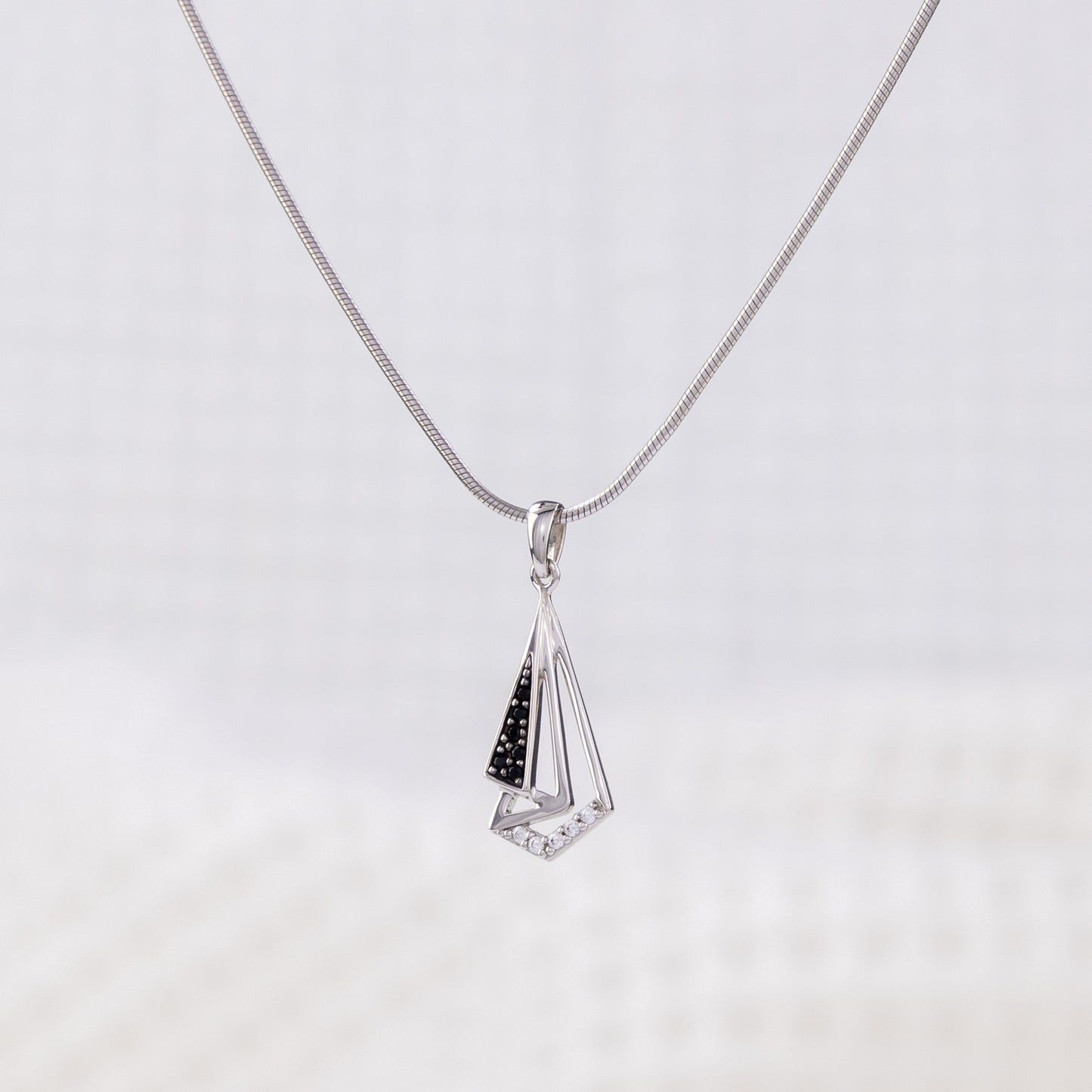 Classy Pendant Necklace with White Cubic Zirconia and Black Crystals, Black and Silver Rhodium Plating