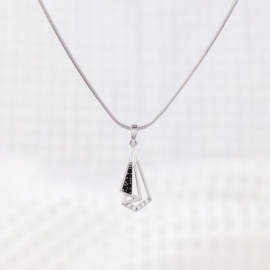 Classy Pendant Necklace with White Cubic Zirconia and Black Crystals, Black and Silver Rhodium Plating