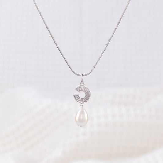 Silver Rhodium Pendant Necklace with Freshwater Pearl Dangling