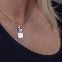 Textured Silver Rhodium Pendant Necklace with Mother of Pearl Dangling