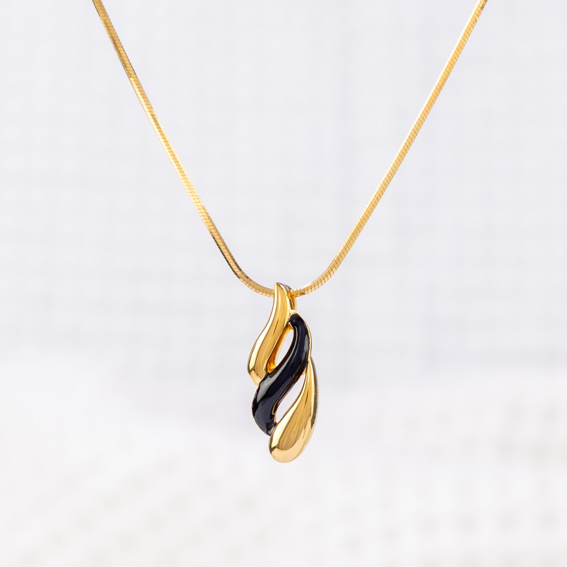 Gold Vermeil and Black Enamel Pendant Necklace with Wave Design