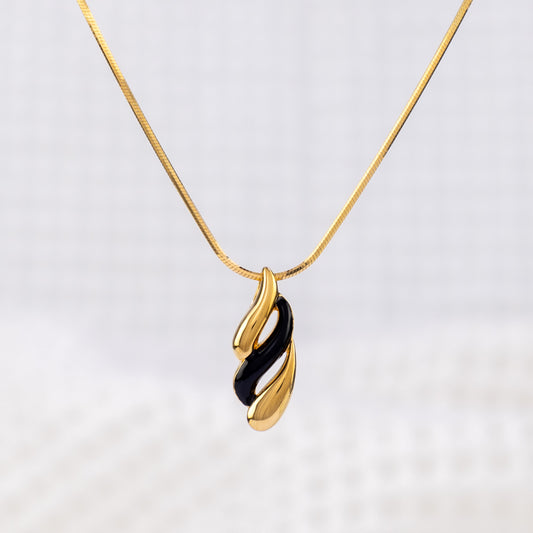 Gold Vermeil and Black Enamel Pendant Necklace with Wave Design