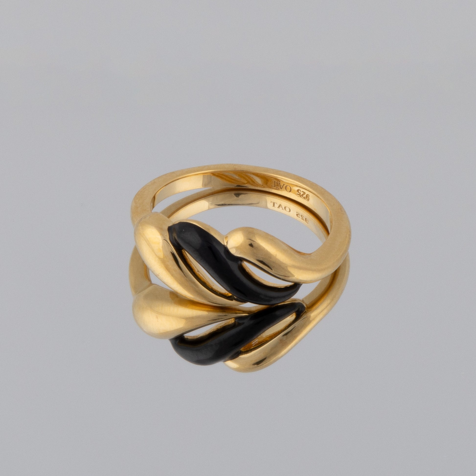 Gold Vermeil and Black Enamel Ring with Wave Design